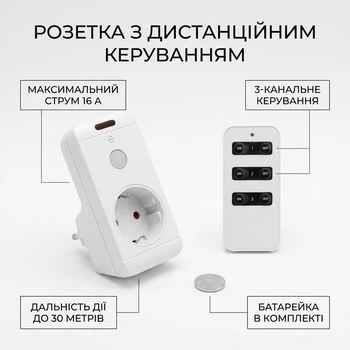 Дистанційна розетка з пультом Lemanso LM682 біла 16A 1250W радіорозетка перехідник з ДУ для керування освітленням водяним насосом та приладами