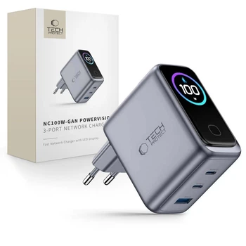 Сетевое зарядное устройство Tech-Protect PowerVision NC100W-GAN 3-Port PD 100W / QC3.0 Dark Grey (5906302324453)