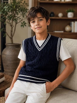 Детская вязаная жилетка с косами ART KNIT синяя, 128-134см 046083