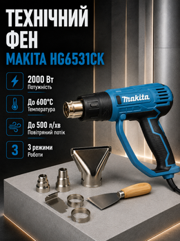 Строительный фен Makita 2000 Вт технический термофен 600°C электрический 500 л мин промышленный с регулировкой температуры горячего воздуха для снятия краски лака сушки пайки размораживания термообработки с насадками кейсом