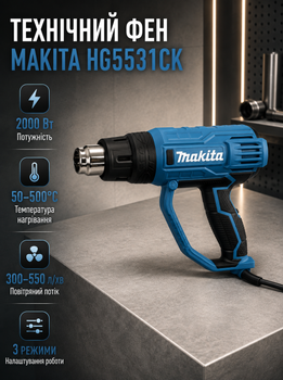 Технический фен Makita HG6531CK 2000 Вт строительный термофен до 500°C промышленный фен горячего воздуха 550 л/мин с регулировкой температуры для удаления краски лака пайки сушки размораживания с защитой от перегрева