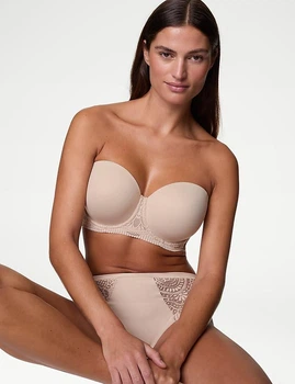 Бюстгальтер балконет без бретелей Marks & Spencer Body Soft светло-бежевый кружевной с формованными чашками на косточках 95F (2740)