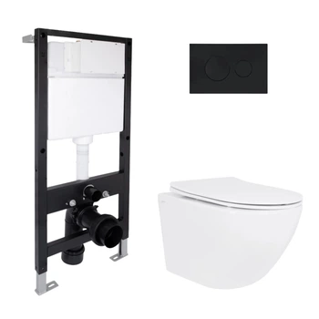 Готовое решение Qtap для ванной комнаты: подвесной унитаз Jay Ultra Quiet 520x360x320 + комплект инсталляции Standard (круглая кнопка Black)