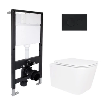 Готовое решение Qtap для ванной комнаты: подвесной унитаз Crow Rimless 485x340x330 + комплект инсталляции Standard (круглая кнопка Black)