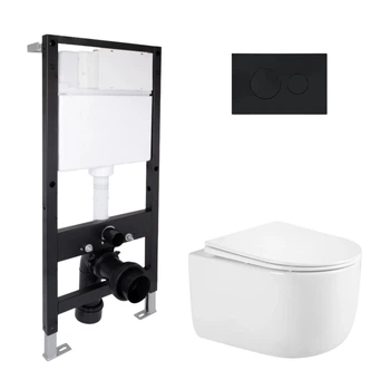 Готовое решение Qtap для ванной комнаты: подвесной унитаз Taurus Ultra Quiet 485x360x350 + комплект инсталляции Standard (круглая кнопка Black)