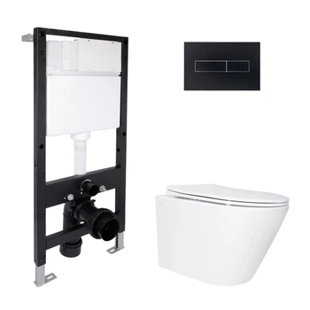 Готовое решение Qtap для ванной комнаты: подвесной унитаз Swan Ultra Quiet 520x360x320 + комплект инсталляции Standard (линейная кнопка Black)