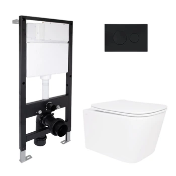 Готовое решение Qtap для ванной комнаты: подвесной унитаз Crow Ultra Quiet 520x360x290 + комплект инсталляции Standard (круглая кнопка Black)