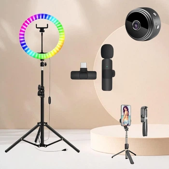 Набор для блогера 5 в 1 с камерой RGB Кольцевая лампа 45 см MJ-18 с пультом Штатив 2 м Микрофон Селфи палка монопод