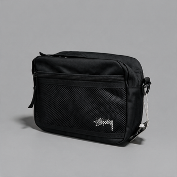Сумка Stussy чорна через плече, горизонтальний месенджер Стуссі з сітчастою кишенею, міська барсетка ART030