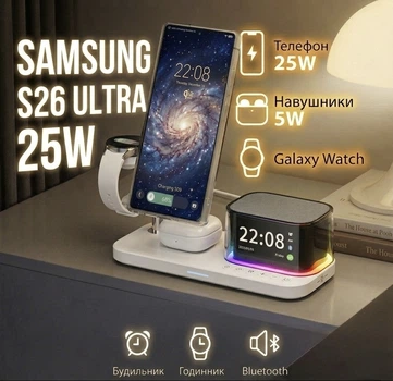 Быстрая беспроводная зарядка для Samsung S-Series, Galaxy Watch 2-8, Galaxy Buds 5 в 1 45w Samsung Часы, Ночник, Будильник, Док станция, Беспроводное зарядное устройство Bluetooth Колонка