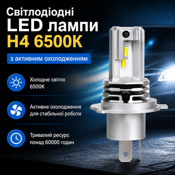 LED лампи H4 6500K з активним охолодженням для авто та мото