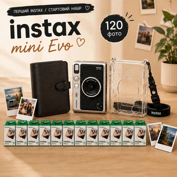 Стартовый набор с фотокамерой мгновенной печати Fujifilm INSTAX MINI EVO Hybrid Black + 120 фото + альбом на 108 фото + чехол + подарочная упаковка, черный