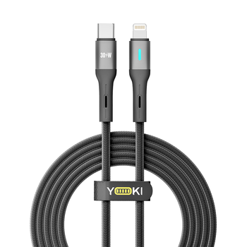 Кабель USB YOKI LED YK-LE17 Type-C to Lightning 30W 2m с LED индикатором высокая прочность черный