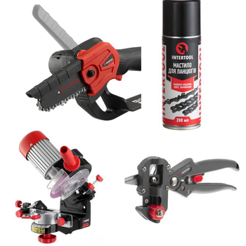Набор для сада INTERTOOL: аккумуляторная мини-пила WT-9109 + станок WT-0830 + секатор FT-1020 + смазка FS-4215