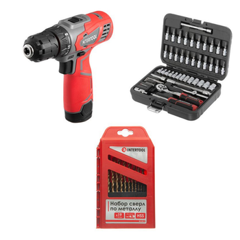 Набор для мастера INTERTOOL: шуруповерт DT-0310 + головки ET-8046 + сверла SD-0019