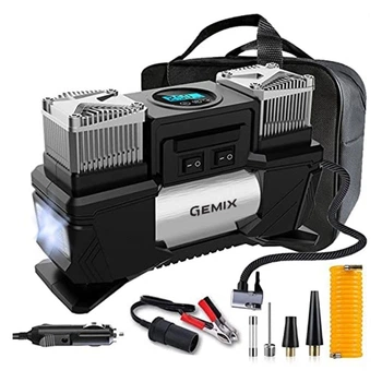Автокомпрессор GEMIX Model I двухпоршневой с сумкой, цифровой манометр, функция AUTOSTOP, фонарик чорний