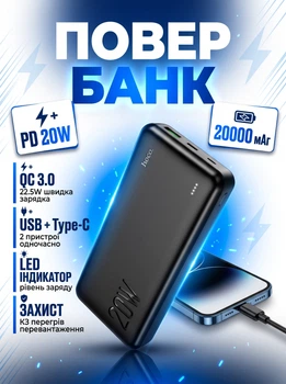 Внешний аккумулятор Power bank HOCO J87A Tacker 20000mAh быстрая зарядка PD 20W + QC 3.0 Black