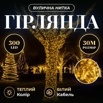 Гирлянда Нить уличная 30 м 300 LED Желтая белый провод гирлянда на улицу 8 режимов работы гирлянда нитка
