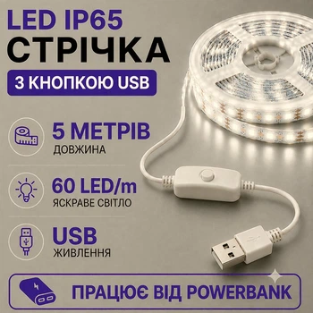 Світлодіодна LED стрічка IP65 5 метрів із кнопкою USB 5V, білий нейтральний, вологозахист силікон світильник для підсвічування кухні шаф