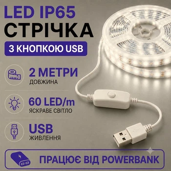 Світлодіодна LED стрічка IP65 2 метри із кнопкою USB 5V, білий нейтральний, вологозахист силікон світильник для підсвічування кухні шаф