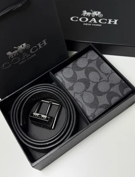 Подарунковий чоловічий набір Coach: Двосторонній ремінь + Портмоне 8710