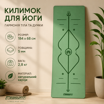 Коврик для йоги каучуковый EasyFit Pro EF-1925-GN, противоскользящий 184×68×0,5 см, Зеленый