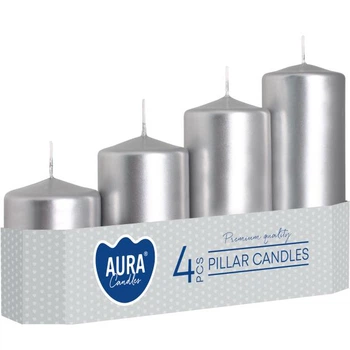 Комплект свечей цилиндр Aura (Bispol) 5х7,9,11,13 см. 4шт Серебристые (27380)