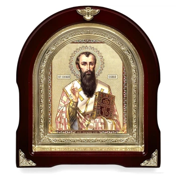 Икона Святитель Василий Великий,лик 15х18 см, в темном деревянном киоте, арка, 07079