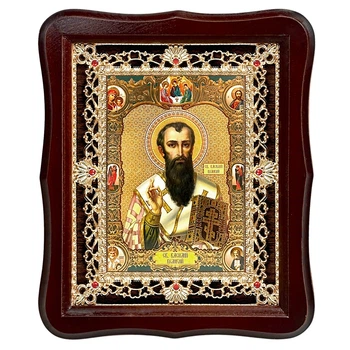 Ікона Василь Великий Святитель, обличчя 15х18 см, у темному дерев'яному кіоті з камінням, 07795