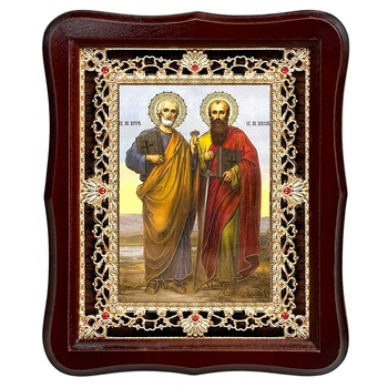 Ікона Петро і Павло святі Апостоли, обличчя 15х18 см, у темному дерев'яному кіоті з камінням