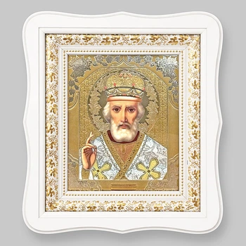 Ікона Микола Чудотворець святий, 15х18 см, в білому фігурному дерев'яному кіоті, тип 3, 11144