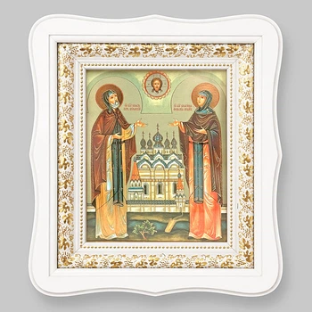 Икона Петр и Феврония Муромские святые благоверные, лик 15х18 см, в белом фигурном деревянном киоте, тип 3, 11125