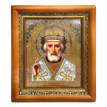 Ікона Микола Чудотворець святий, лик 15х18 см, у коричневому прямому дерев'яному кіоті, 07253