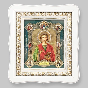 Ікона Пантелеймон святий великомученик і цілитель, обличчя 15х18 см, у білому фігурному дерев'яному кіоті, тип 3