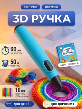 3D ручка для дітей набір для малювання з PCL пластиком 50 м Hausland низькотемпературна USB 5 В з трафаретами 10 кольорів регулювання швидкості автовимкнення блакитний (03240002)