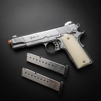 Стартовий пістолет Colt 1911 Kuzey 911#3 Shiny Chrome Plating/White Grips, холостий, шумовий 9mm