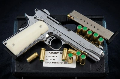 Стартовий пістолет Colt 1911 Kuzey 911#3 + 50 холостих патронів, Shiny Chrome Plating/White Grips, холостий, шумовий 9mm