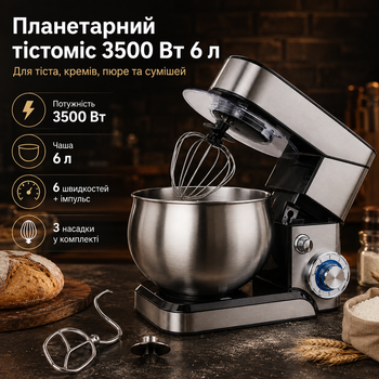 Універсальний кухонний комбайн планетарний з нержавіючої сталі Zepline ZP105 з чашею 6 л, 3500 Вт Кухонна машина