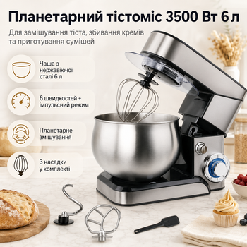 Планетарний професійний тістоміс стаціонарний Zepline ZP105 з чашею 6 л, 3500 Вт універсальний комбайн з нержавіючої сталі Z