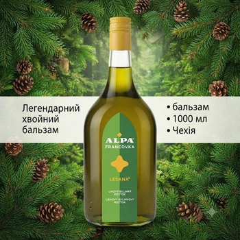 Францовка Alpa Lesana трав'яний спиртовий бальзам 1000 мл Чехія Трав'яний розчин Альпа Лесана з екстрактом хвої 1л