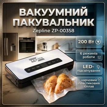 Вакуумный упаковщик Zepline ZP-00358 200 Вт с сенсорным дисплеем 6 режимов работы 20 вакуумных пакетов в комплекте