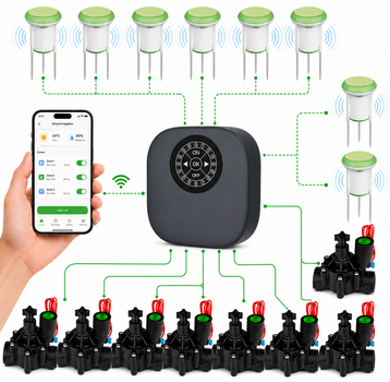 Розумний WiFi полив 1DAL Smart Watering Kit | Контролер 12 зон + 8 клапанів 1 1/4" + 8 датчиків вологості ґрунту