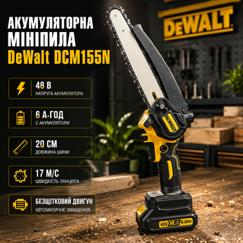 Мини пила аккумуляторная DeWalt DCM155N 48 В 6 А·ч цепная шина 20 см сучкорез бесщеточный автоматическая смазка электропила 17 м с шаг 1 4 бесключевое натяжение для обрезки деревьев веток кустов распиливания древесины с 2 АКБ