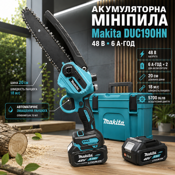 Мини пила аккумуляторная Makita DUC190HN 48 В 6 А·ч цепная шина 20 см сучкорез бесщеточный автоматическая смазка электропила 18 м с шаг 1 4 бесключевое натяжение 5700 об мин для обрезки деревьев веток кустов распиливания древесины с 2 АКБ