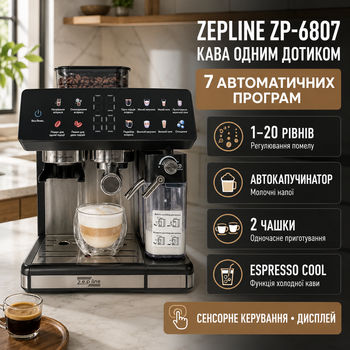Кофемашина Zepline ZP-6807 20 бар автоматическая кофеварка 1500 Вт со встроенной кофемолкой 20 уровней помола рожковая для зернового молотого кофе 7 программ сенсорная с капучинатором резервуаром молока 500 мл воды 2,6 л для эспрессо капучино латте