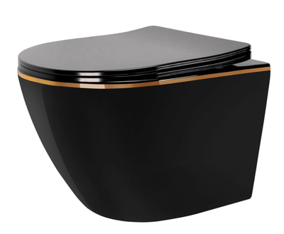 Подвесной унитаз Rea Carlo Mini Tornado Flat безободковый 49x36 см black с кромкой gold REA-C4695