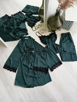 Жіночий комплект четвірка халат майка шорти штани Eleanor Collection M Зелений