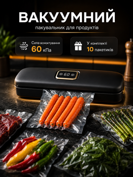 Вакууматор кухонный бытовой вакуумный упаковщик для продуктов с дисплеем, вакуумная машина для упаковки еды, вакууматор с комплектом пакетов 10 шт, черный