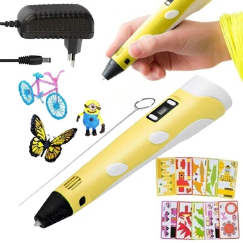 Детская 3D ручка для рисования с дисплеем, трафареты, стержни, 3DPEN-3, Желтый / 3д ручка для создания объемных моделей