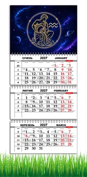 Календарь настенный квартальный на 2027 год на три пружины, Apriori, Знак Зодиака Водолей , 29,7х61см